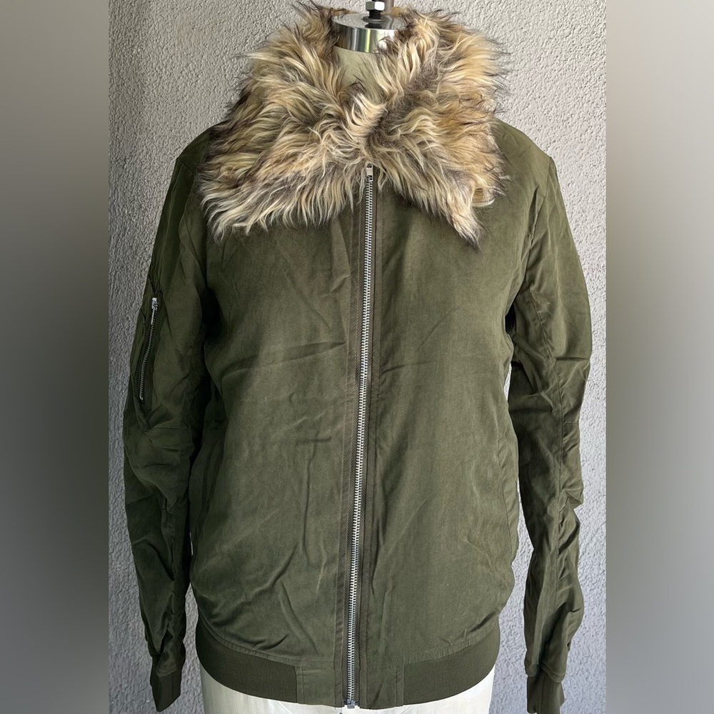 Olive Green Jacket with Faux Fur Collar